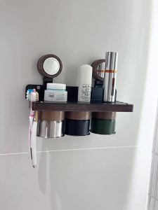 SXH Bathroom suction cup toothbrush holder no-drill toothbrush and cup holder wall-mounted genuine walnut wood storage set black