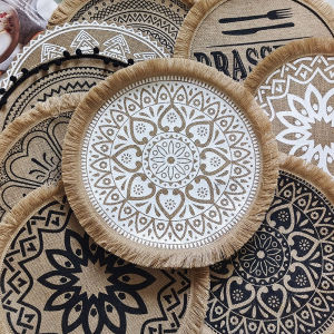 Boho Round Jute Fringe Placemat with Pompom Tassel 15inch Farmhouse Decorative Table Mats for Home Use