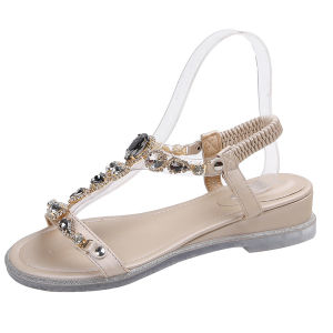 [Free Shipping] WomenS Wedge Sandals Summer Korean Style New Design With Rhinestones Mid-Heel Elastic Straps Beach Sandals