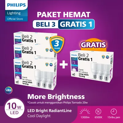 Philips Lampu LED Paket Beli 3 Gratis 1 Lampu Multipack Radiantline LED Bright 10W 6500K Putih