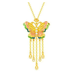 CTS 925 Silver Gold Plated Enamel Butterfly Tassel Bow Necklace Women Trendy Party Jewelry CHOW TAI SENG 周大生 S1PC1487 S1PC0589