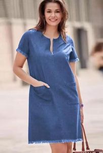 D#8618 women casual dress solid denim short sleeve zipper plus size summer