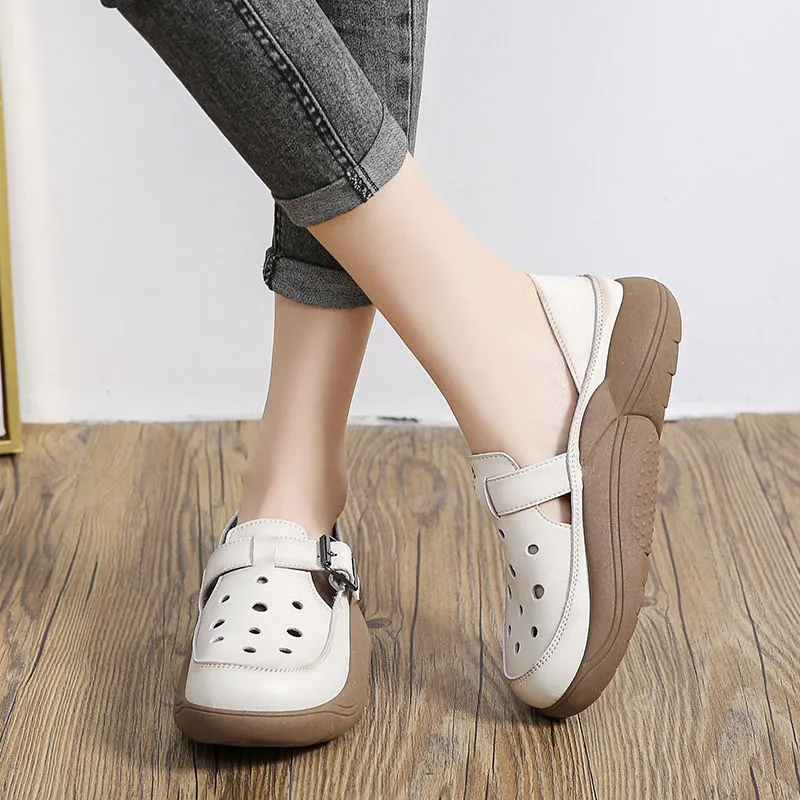 Hollow out Leather Women's Wedge Sandals Summer Thick Bottom Hollow  Breathable Two-Wear Lazy Roman Shoes 2023 New