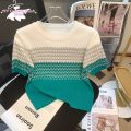 Ice Silk Top Women's Fashion Color Blocked Thin Knit Sweater for Commuting. 