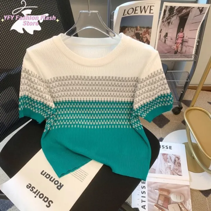 Ice%20Silk%20Top%20Women's%20Fashion%20Color%20Blocked%20Thin%20Knit%20Sweater%20for%20Commuting%20-%20Image%208