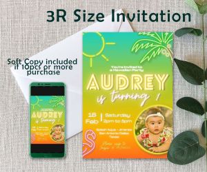 Hawaiian Birthday Invitation Card - Aloha - Neon - Tropical Invite - Customized - Personalized - 3r - 4R - 5R