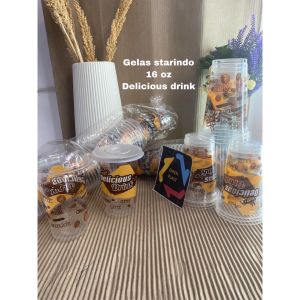GELAS POP ICE/GELAS PLASTIK/GELAS BUBBLE/GELAS OZ ISI 50 PCS UKuran 14 dan 16 OZ/GELAS BOBA/GELAS OZ/GELAS PLASTIK ES JUS MOTIF delicious drink STARINDO TERMURAH