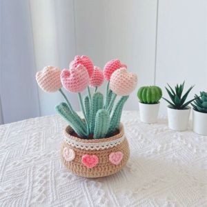 ECOCOKU Handmade Woolen Yarn Crochet Flower Kit Daisy Rose Tulip No Finish Flowers Crochet Knitting Kit Plant Potted Unique Tulip Potted Flower Women