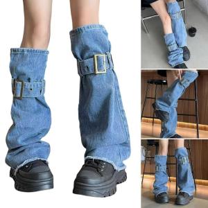 Womens Punk Distressed Blue Jeans Flared Leg Covers with Buckled Ties Harajuku Grunge Washed Denims Leg Warmers Socks