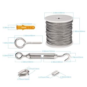 50M Wire Rope Kit  Turnbuckle Wire Tensioner Kit Cable Hooks Hanging Kit Clothesline