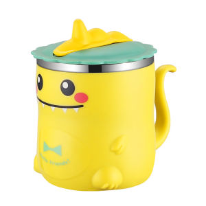 Stainless Steel Dinosaur Straw Cup Kids Training Sippy Cup Dinosaur Handle Water Bottles School Children Cup Students mug 300ml