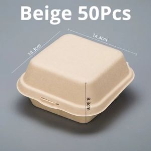 50pcs Burger Box 500ml Clamshell Bagasse Cake Box Dessert Container Burger Sandwhich Takeout Box