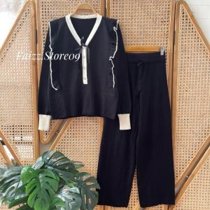 Oneset Orlanda Top Knits Motif Pita Setelan Celana Kulot Rajut Wanita Premium Lengan Panjang Kekinian