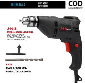 Mesin Bor Listrik Bolak Balik J-LD Tool 380W 10mm dengan Kunci L dan Mata Bor