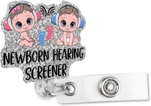 Newborn Hearing Screener Retractable Glitter Badge Reel with Alligator Clip Funny Badge Holder Gift for Hearing Tech Audiology Neonatal NICU L&D OB Maternity Pediatric Doctor Nurse Obstetrics