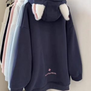COD  Soft Girl Cute Furry Ears Velvet Padded Hooded Sweatshirt Female Autumn and Winter Korean Style Loose Baggy Coat  CNN