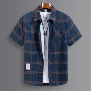Fashion Korean Popular Clothes Summer Cotton Brushed Plaid Short Sleeve Shirts for Man Slim Fit Casual Plain Shirt Trends Tops2026