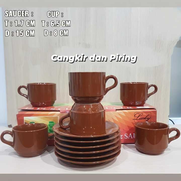 GELAS CANTIK KLASIK WARNA :1 SET (6 gelas+6 tatakan) / CANGKIR SET KOPI TEH KERAMIK