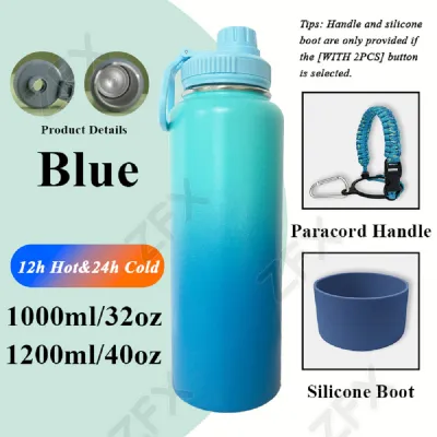 32oz Tumbler Full Set 750ml 1000ml Wide Mouth Vacuum Insulated Water Bottle Paracord Handle Silicone Boot Hot and Cold