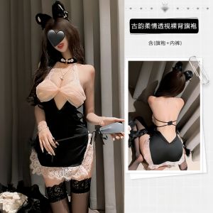 Bộ đồ lót gợi cảm phong cách hot girl sườn xám quý cô cổ yếm xuyên thấu xẻ tà váy ngắn ôm mông kiểu đồng phục cỡ lớn. qqny