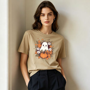 Cute Fall Ghost Pumpkin Floral T Shirt Women Halloween Autumn Leaf Daisy Print Cotton Crew Neck Casual Short Sleeve Tee