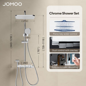 JOMOO Piano Bathroom Shower System 295MM Water Curtain Automatic Descaling 3 Modes Hand Shower Spacious Storage Pressurised Shower Set for Bathroom