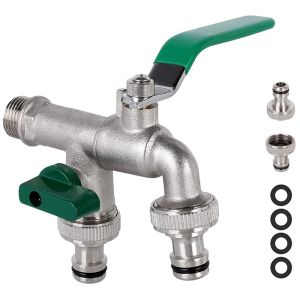 AumoPro 1PC 1/2" Double Outlet Tap Rust and Frost Protection High Quality Brass Faucet with Double Connection and Hose Nozzle Kitchen Garden Double Opening and Double Control Brass Washing Machine Spout