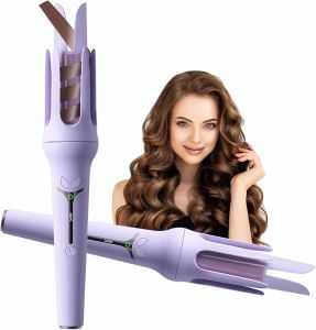 Automatic Curling Iron Hair Curler Wand with 3 Temp& LCD Display Fast Heating Ceramic Hair Curler Automatic Shut-Off Anti-Scald Anti-Tangle Rotating Curling Iron for Hair Styling (Purple)