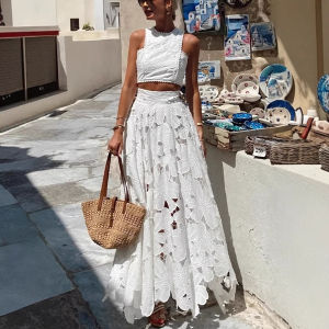 2026 Spring and Summer Casual Lace Hollow Vest Top Skirt Set2026