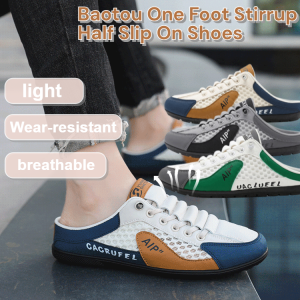 Baotou One Foot Stirrup Half Slip On Shoes Soft And Breathable Fabric No Shoe Laces Required Mens Lazy Flat Slippers Non-Slip Sandals