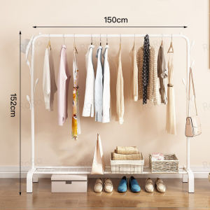RoRo ราวตากผ้า บาร์เดี่ยว ราวแขวนเสื้อผ้าบาร์คู่ พร้อมชั้นวางของ วางรองเท้า โครงเหล็ก ตะขอแขวนเหมวก ราวมินิมอล ราวตากผ้าอเนกประสงค์
