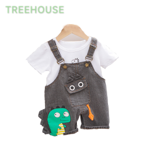 TREEHOUSE baby clothing set Fashion cartoon dinosaur short-sleeved top + suspenders two-piece set cute boy and girl clothing set