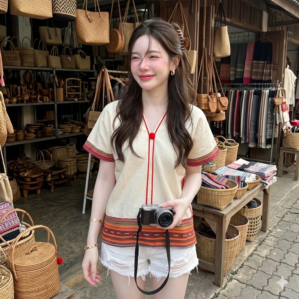 LANNA เสื้อผ้าฝ้ายคอวีหน้าหลัง แขนลวดไหล่ แต่งผ้าทอนากา ทรงหลวมสบาย คละสี