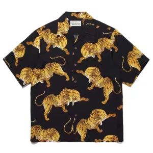 Classics 2025 WACKO MARIA Limited Short Shirt Cloud Tiger Print Graphic Tee Men Women Hip Hop Cuban Collar Hawaiian Shirts Top