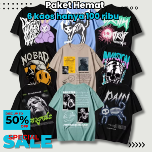 PAKET HEMAT!! (6 Pcs 100 Ribu)/Kaos Distro Motif Random/Kaos Pria Cotton Combad 24s Kualitas terbaik
