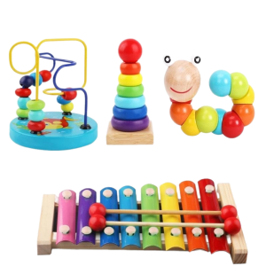 Combo 6 món đồ chơi giáo dục luồn hạt - sâu gỗ - đàn gỗ - cầu vồng - thả hình 4 trụ - đồng hồ xâu hạt