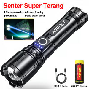 Senter LED Original USB C Rechargeable 100000 Lumen Senter LED Super Terang Jarak Jauh Anti with 26650 Baterai Zoom Flashlight