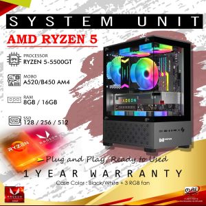 AMD Ryzen 5 5500Gt 8/16gb Ram / 120 240 512gb ssd Glass Case with PSu Socket Am4 Gigabyte