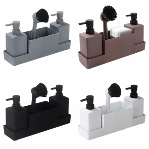 Kitchen Organizer Plastic Sponge Holder with Double Soap Dispensers and Storage Compartment Cleaning Tool Rack