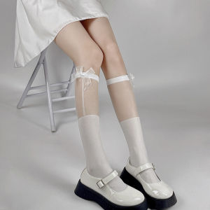 🔥Margotu🔥ถุงเท้าใสสตรีประดับโบว์ลูกไม้ ถุงน่องสีขาว JK บางเฉียบ เรียบง่ายเข้ากัน