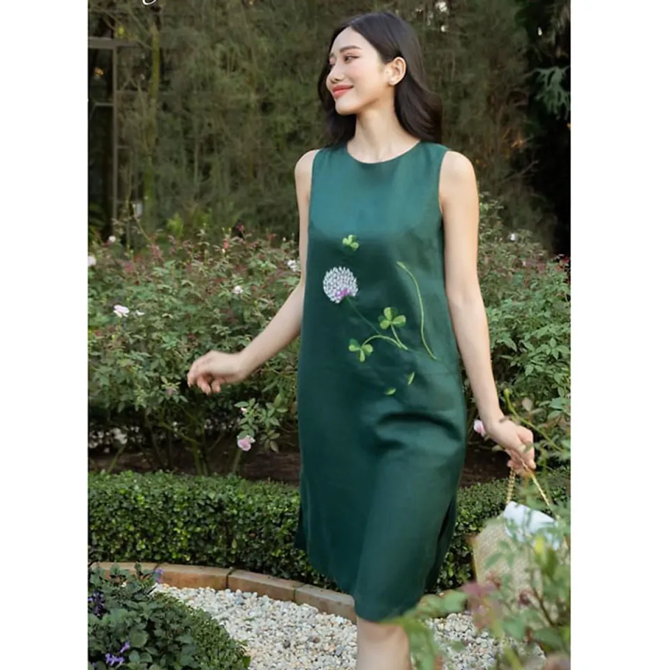 Đầm suông Linen Tưng gân Premium dáng yếm 2 lớp thêu hoa sang trọng - Xanh  dương | Lazada.vn