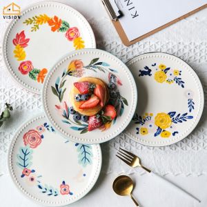 Vision Japanese Style Ceramic Dinner plate Four Seasons Glaze Color Bowl Dish Hand painted Tableware Western Steak Plate Household Breakfast Pasta Dish Plate Creative Salad Dessert Fruit Circular Plates
