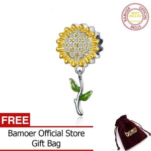 BAMOER Gold Color Sunflower Charm for Women Silver Bracelet 925 Sterling Silver Enamel Leaf Beads DIY Jewelry Accessory SCC1211
