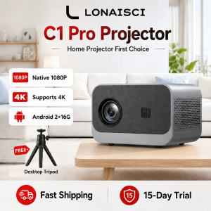 LONAISCI C1 Pro Native 1080P Home Projector Support 4K Decoding 300ANSI Auto Focus Auto 4-Point Keystone Correction WiFi6 BT5.2 2+16GB Portable Smart Home Cinema Projector with Stereo Speaker