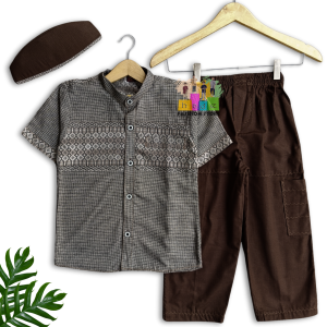 Setelan Koko Anak A&J EL RASYID LENGAN PENDEK Untuk Usia 3-13 TAHUN Plus Peci Bahan Katun Songket Adem dan Trendy