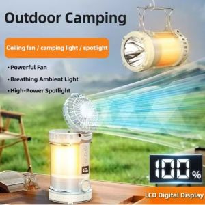 LUJIN จอแสดงผลดิจิตอล LCD ไฟ LED พร้อมพัดลม ความเร็วลมสามระดับ 3-ใน-1 โคมไฟทำงานฉุกเฉิน โคมไฟมือถือ แบบพกพา ไฟฉาย สำหรับบาร์บีคิวและเดินป่า