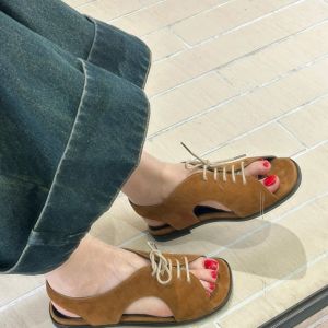 Free Shipping Unique Design Open-Toe Square-Toe Flat Sandals For Outdoor Wear New Spring/Summer Collection Retro Style With Thin Straps And Ties WomenS Sandals