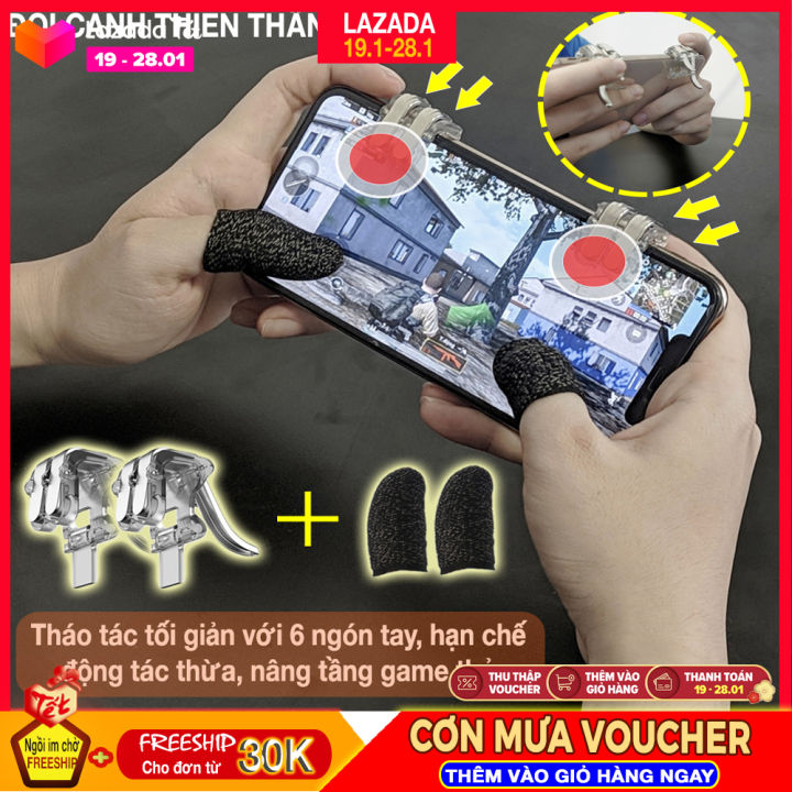 [ Combo ] Bộ phụ kiện chơi game mobile Pubg Free Fire nút bắn Đôi Cánh Thiên Thần 4 ngón và cặp găng tay chơi game chống mồ hôi  thao thác đơn giản, giảm thiểu thao tác thừa với 6 ngón, chống trơn chống trượt khi chơi thời gian dài