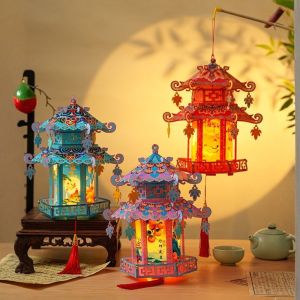 HIROCHAO Luminous Mid-Autumn Festival Lantern Ancient-style Pavilion Shape DIY Lantern Material Kit Traditional 3D Kindergarten Craft Lantern Lantern Festival