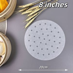 100Pcs Round Bamboo Steamer Pad Paper White Non-Stick Air Fryer Steamer Liners Perforated Wood Pulp Papers Steamer Mat Dumplings Cooking Mat